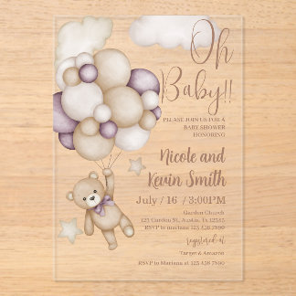 bear with balloons baby shower acryl uitnodigingen