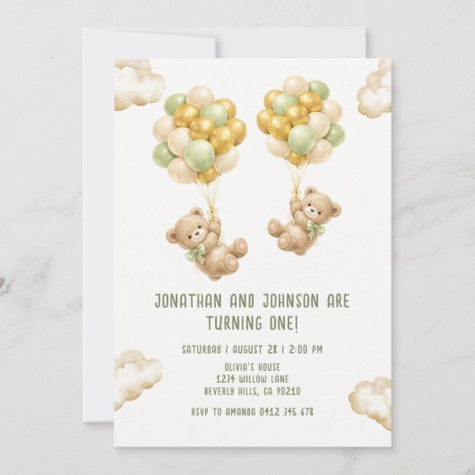 Bear With Balloons Twins First Birthday Invitation Kaart (Voorkant)