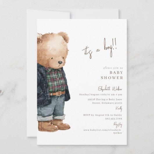Bear-y Cute Teddy Bear It's a Boy Baby Shower Kaart (Voorkant)