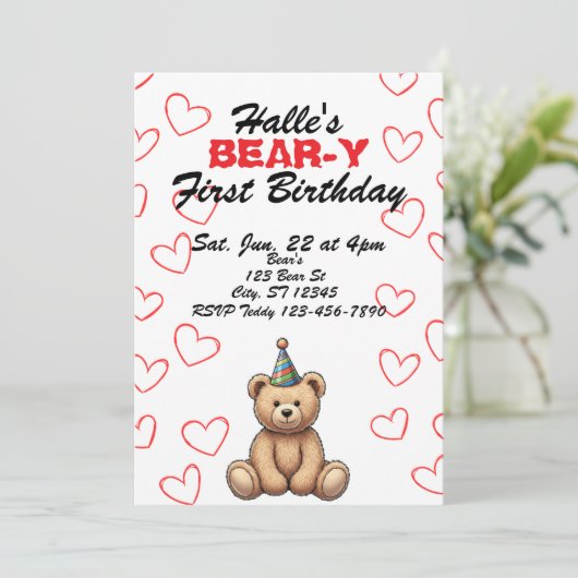 BEAR-Y First Birthday, cute teddy bear birthday Kaart (Staand voorkant)