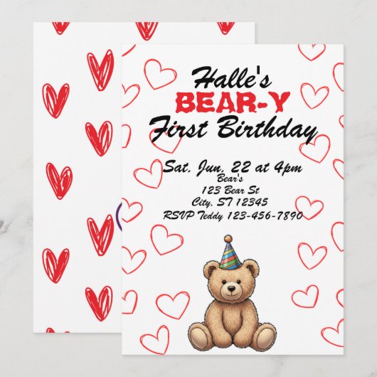 BEAR-Y First Birthday, cute teddy bear birthday Kaart (Voorkant / Achterkant)