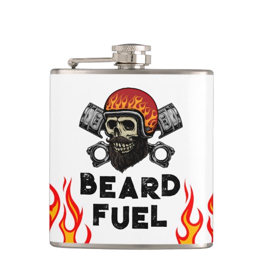 BEARD FUEL Funny Mannen Skull & Flames Joke Gift Heupfles (Voorkant)
