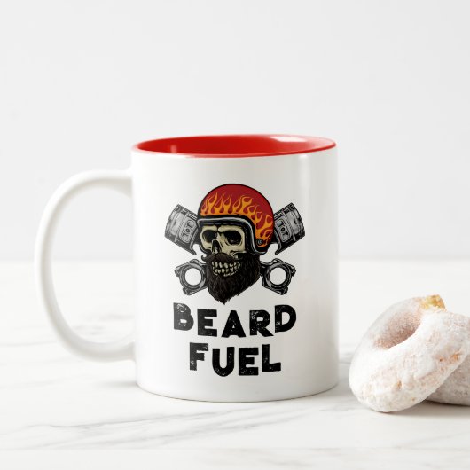BEARD FUEL Funny Mannen Skull & Flames Joke Gift Tweekleurige Koffiemok (Met donut)