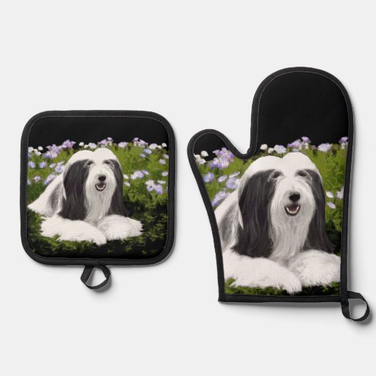 Bearded Collie Beardie Zwart Schilderen Schattigee Ovenwant & Pannenlap Set (Voorkant)