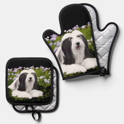 Bearded Collie Beardie Zwart Schilderen Schattigee Ovenwant & Pannenlap Set (Voorkant / Achterkant)
