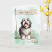 Bearded Collie Breed Hond Onder Verjaardagsbord Kaart (Gele Bloem)
