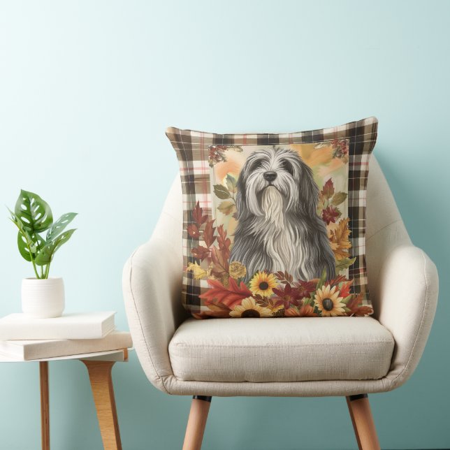 Bearded Collie Dog Herfst Waterverf Flowers Kussen (Stoel)