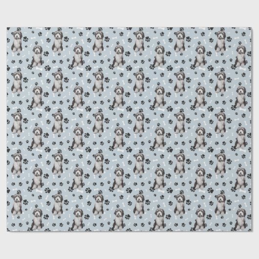 Bearded Collie Dog Paw Print Pattern op Silver Cadeaupapier (Vlak)