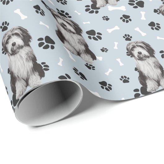 Bearded Collie Dog Paw Print Pattern op Silver Cadeaupapier (Rol Hoek)