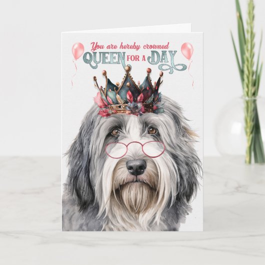 Bearded Collie Dog Queen voor Dag Grappige Verjaar Kaart (Voorkant)