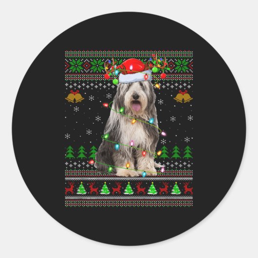 Bearded Collie Dog Ugly Christmas Sweater Holiday  Ronde Sticker (Voorkant)