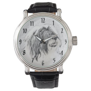 Bearded Collie Drawing - Cute Original Dog Art Horloge