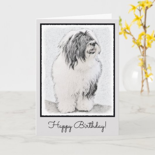 Bearded Collie Drawing - Cute Original Dog Art Kaart (Gele Bloem)