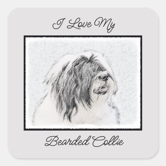 Bearded Collie Drawing - Cute Original Dog Art Vierkante Sticker (Voorkant)
