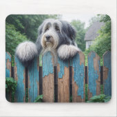 Bearded Collie gluren over een oud hek Muismat (Voorkant)