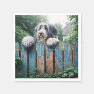 Bearded Collie gluren over oude hek Servet