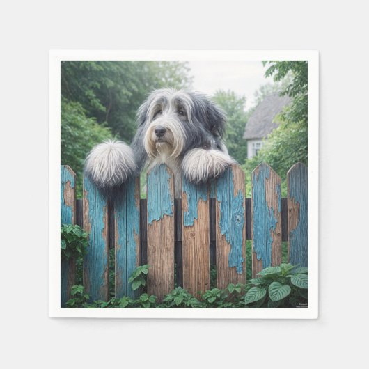 Bearded Collie gluren over oude hek Servet (Voorkant)