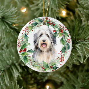 Bearded Collie Holly Wreath Kerstmis Keramisch Ornament