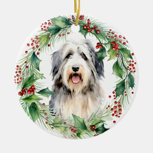 Bearded Collie Holly Wreath Kerstmis Keramisch Ornament (Voorkant)