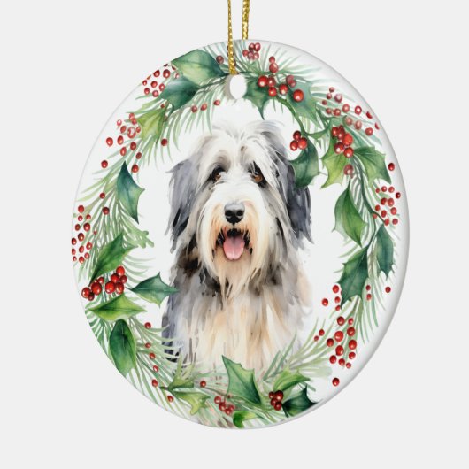 Bearded Collie Holly Wreath Kerstmis Keramisch Ornament (Links)