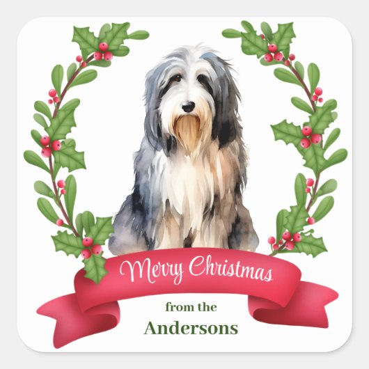 Bearded Collie Hond Holly Banner Kerstmis Vierkante Sticker (Voorkant)