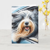 Bearded Collie in autoraam Kaart (Gele Bloem)