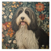 Bearded Collie in een tuin in William Morris stijl Tegeltje (Voorkant)
