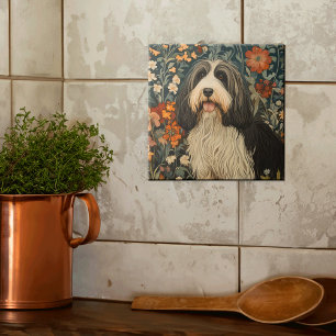 Bearded Collie in een tuin in William Morris stijl Tegeltje