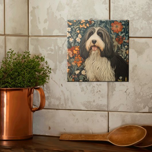 Bearded Collie in een tuin in William Morris stijl Tegeltje