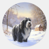 Bearded Collie Laat het sneeuwen Kerstmis Ronde Sticker (Voorkant)