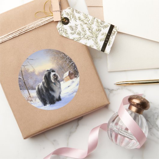 Bearded Collie Laat het sneeuwen Kerstmis Ronde Sticker (Geschenken)