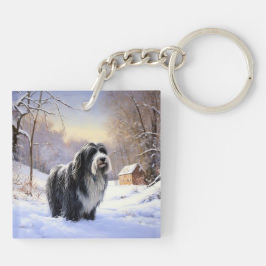 Bearded Collie Laat het sneeuwen Kerstmis Sleutelhanger (Achterkant)