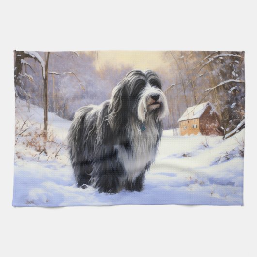 Bearded Collie Laat het sneeuwen Kerstmis Theedoek (Horizontaal)