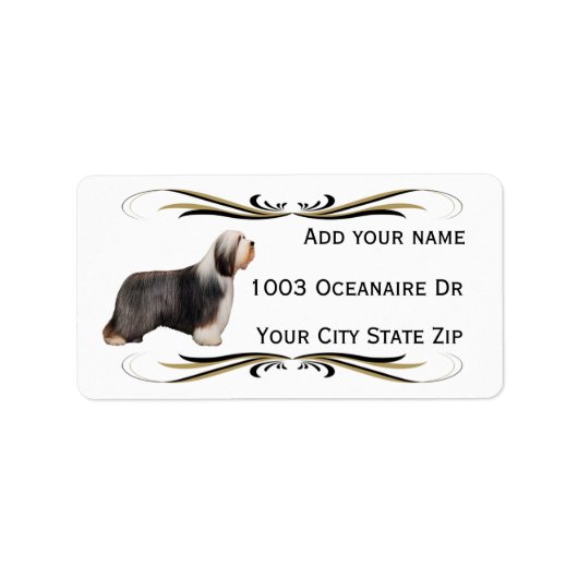 Bearded Collie met Black & Gold Swirl Etiket (Voorkant)