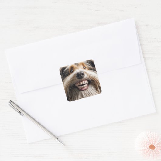 Bearded Collie met een Toothy grijns Vierkante Sticker (Envelop)