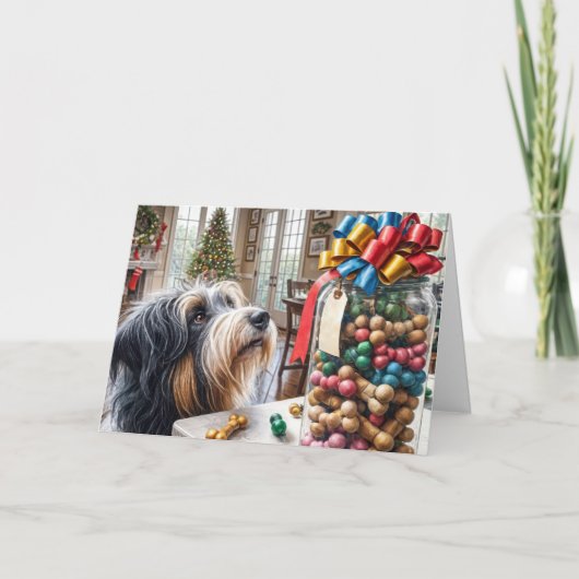 Bearded Collie met Kerstmis Bone Treats Feestdagen Kaart (Voorkant)