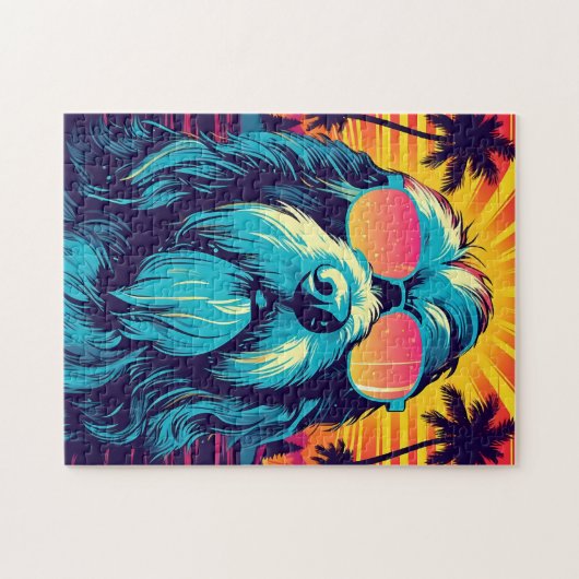 Bearded Collie met zonnebril op het strand Legpuzzel (Horizontaal)