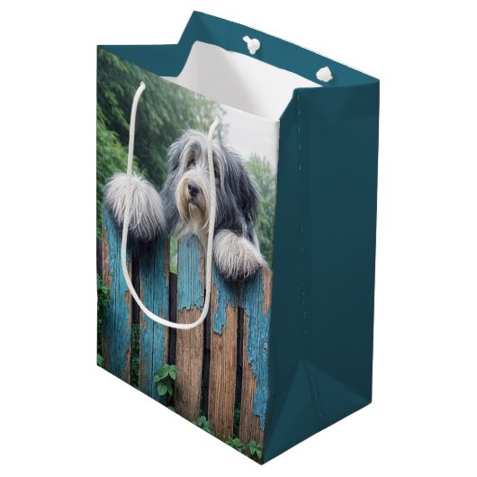 Bearded Collie Peeking Over a Fence Medium Cadeauzakje (Voorkant Gekanteld)