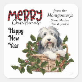 Bearded Collie Puppy Holly Basket Kerstmis Vierkante Sticker