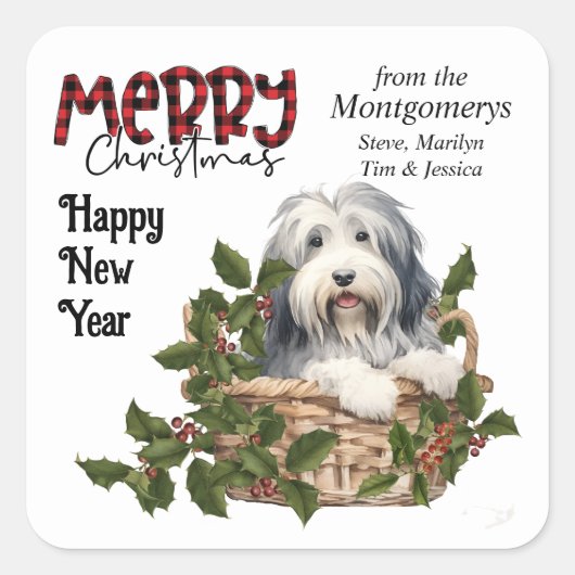 Bearded Collie Puppy Holly Basket Kerstmis Vierkante Sticker (Voorkant)