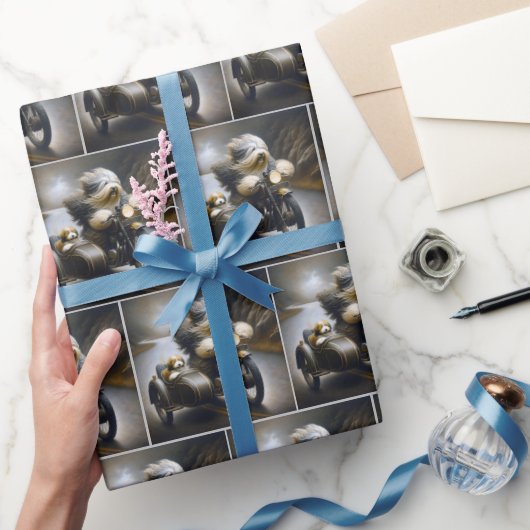 Bearded Collie Rijden een Motorcycle Cadeaupapier (Geschenken)