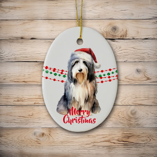 Bearded Collie Santa Hat Holiday Beads Keramisch Ornament