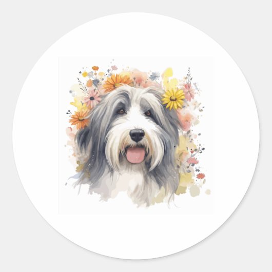 Bearded Collie tussen Wildflower 1 Ronde Sticker (Voorkant)