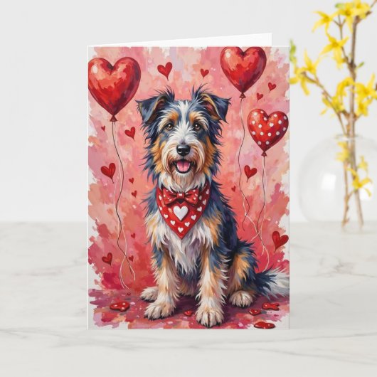 Bearded Collie Valentine Dog Sitting with Hearts Kaart (Gele Bloem)
