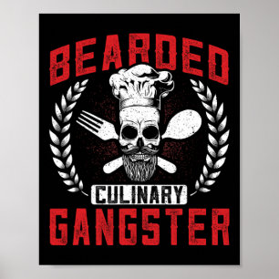 Bearded Culinaire Gangster Chef Skull Cooking BBQ Poster