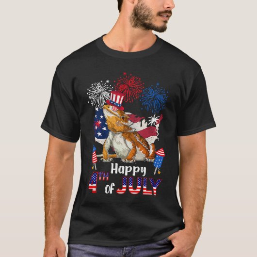 Bearded Dragon American Flag Fireworks Happy 4th o T-shirt (Voorkant)
