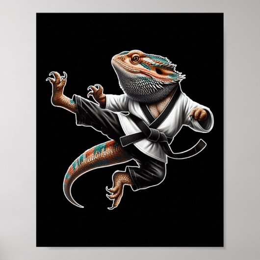 Bearded Dragon Flying Kick Pose Karate Samurai Nin Poster (Voorkant)