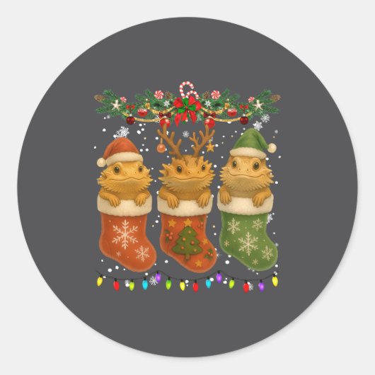 Bearded Dragon In Christmas Socks Lights Bearded D Ronde Sticker (Voorkant)