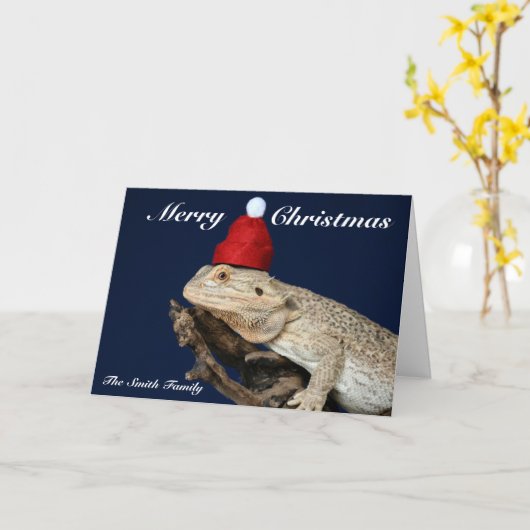 Bearded Dragon Lizard - Kerstman Hoed Kerstmis Kaart (Gele Bloem)