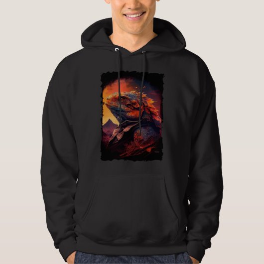Bearded Dragon mountains sunset lizard retro 70s v Hoodie (Voorkant)